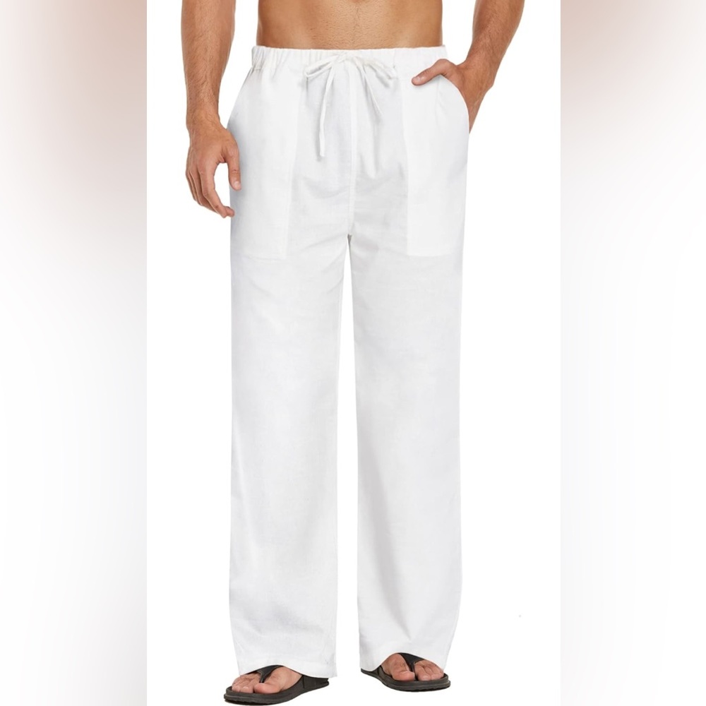 White Drawstring Linen Pants - Picture 2 of 3